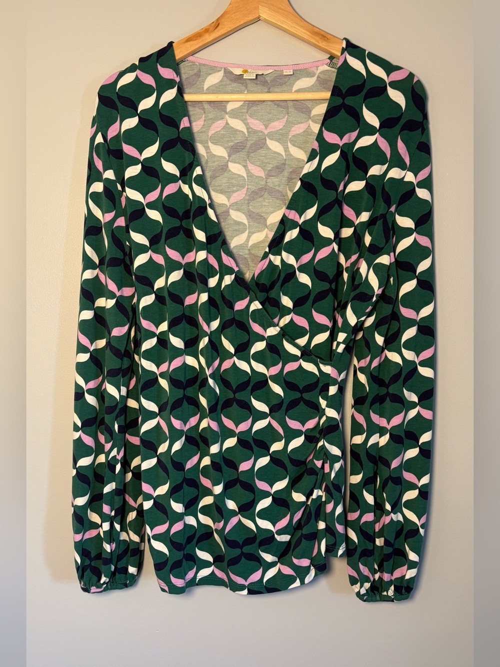 Boden Elodie Jersey Faux Wrap Top Green Geometric Retro Print Long Sleeve US 14